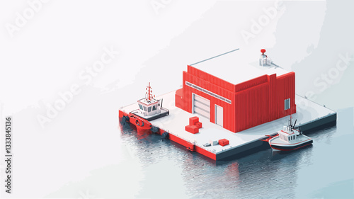 The image is a digital rendering in a low-poly isometric style.  It depicts a red, block-like building situated on a small, white platform next to a body of water.  Two small, simplified boats are