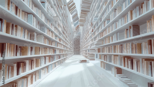 The image shows a long perspective view down a central aisle of a library.  The aisle is flanked by tall, white bookshelves filled with numerous books. The books are predominantly light-colored,
