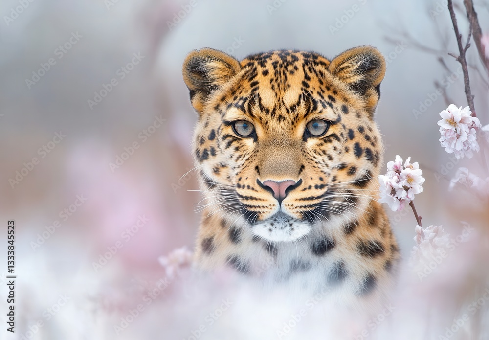 Fototapeta premium Majestic leopard gazing curiously through soft blossoms in serene natural setting with gentle hues, showcasing beauty and grace of wildlife in delicate harmony