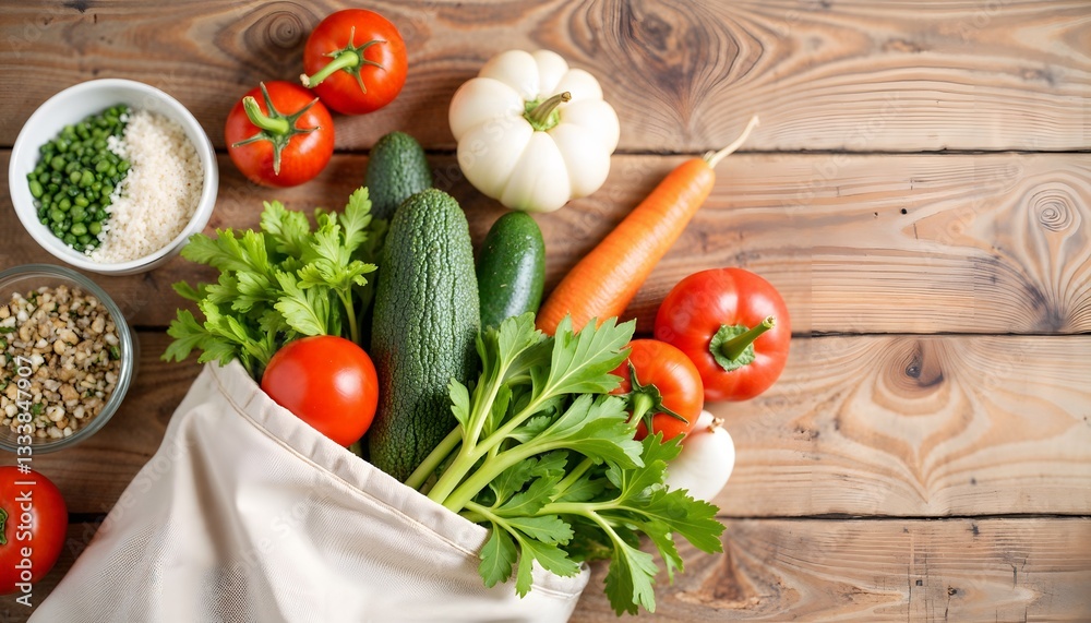Fresh vegetables arranged in a bag on a wooden table Fresh vegetables arranged in a bag on a wooden table