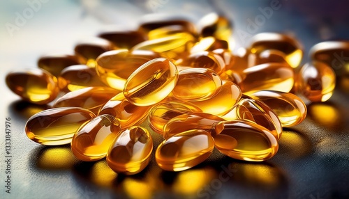fish oil omega 3 yellow capsules close up health care theme