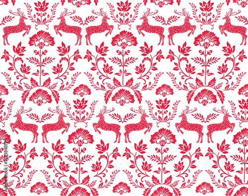 Seamless Pattern of Scandinavian Christmas Deer and flowers, Nordic Red Reindeer-Christmas Vector design