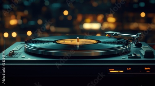a vinyl record spinning on a turntable, illuminated by neon reflections, with an abstract background blending warm and cool tones for an immersive vintage aesthetic