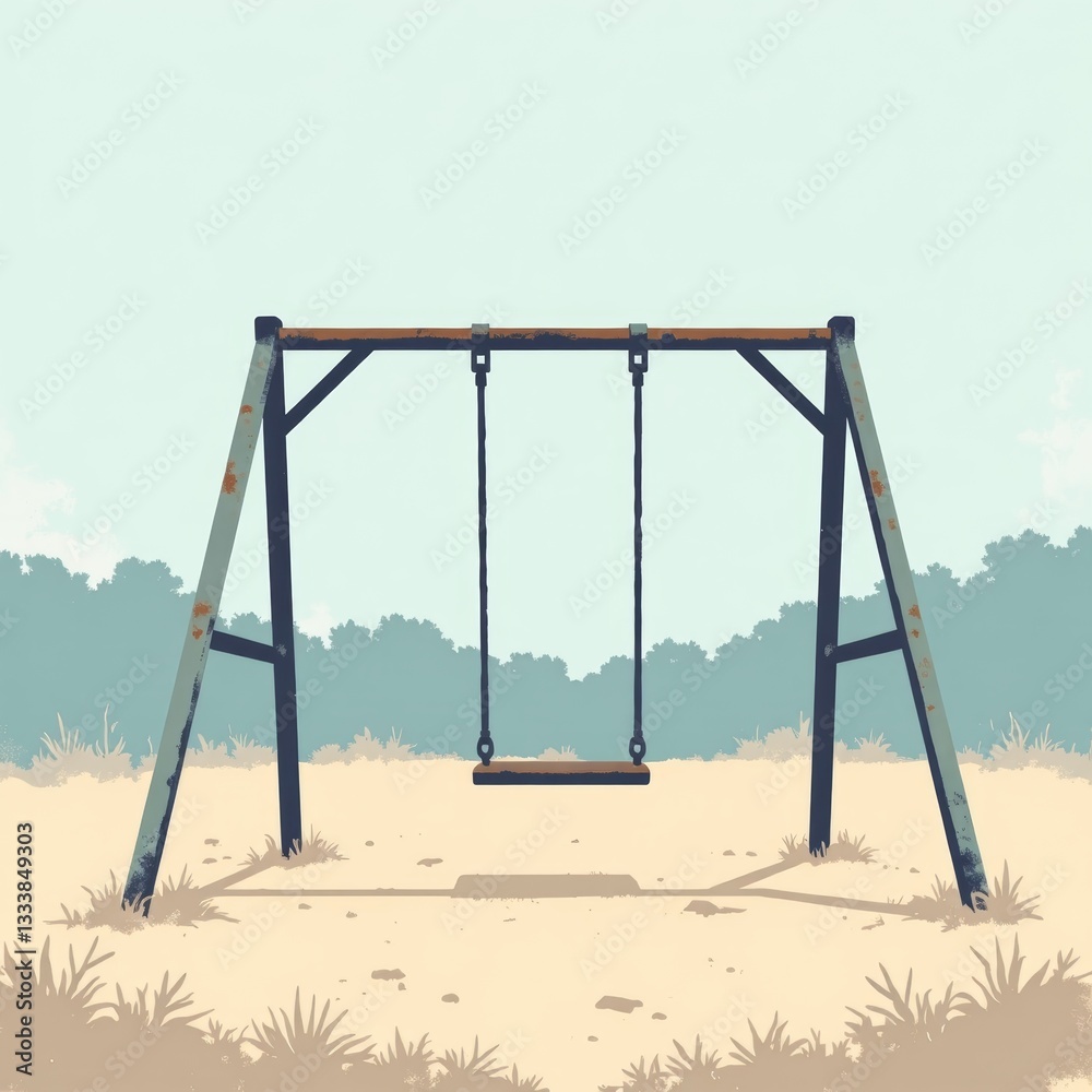rustic metal swing set in deserted playground soft focus sand 4K childhood nostalgia illustration with copy space rustic metal swing set in deserted playground soft focus sand 4K childhood nostalgia illustration with copy space