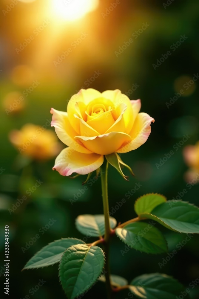 Warm sunlight illuminates a yellow rose in full bloom, garden, sunlight Warm sunlight illuminates a yellow rose in full bloom, garden, sunlight