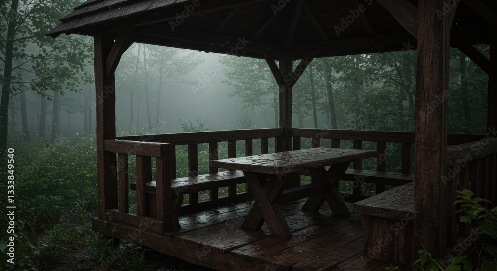 Serene wooden gazebo in a misty forest during rain, creating a tranquil atmosphere for relaxation - pictures of pavilions Serene wooden gazebo in a misty forest during rain, creating a tranquil atmosphere for relaxation - pictures of pavilions
