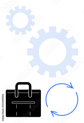 Gear system alongside a briefcase and circular arrows, symbolizing efficiency, professional work, iterative processes, and productivity. Ideal for business, workflow, teamwork, project management