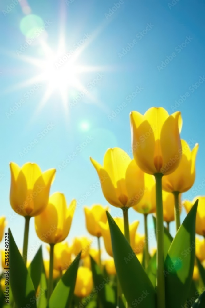 Obraz premium Warm sunlight shines on clusters of yellow tulips against a blue sky, colors, sunny