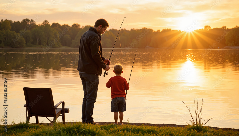 Father and son fishing at sunset by the lake, Father's Day Father and son fishing at sunset by the lake, Father's Day