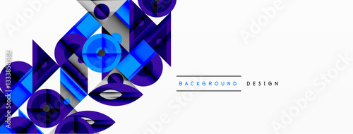 Geometric abstract composition with intersecting shapes, circles, triangles, and gradients, blending vibrant colors and dynamic contrasts to create a modern, futuristic visual design