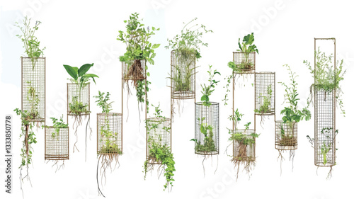 The image shows a collection of various plants, predominantly green foliage, arranged in rectangular glass containers of varying sizes. These containers are suspended or mounted on a white