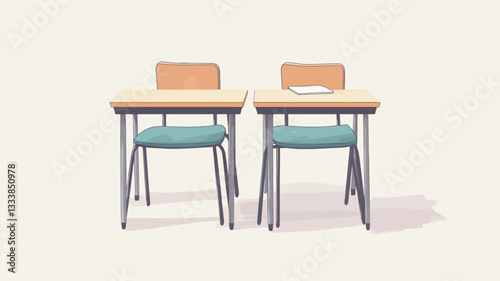 The image shows a digital rendering of two simple student desks and chairs. Each desk is light-colored wood with a teal cushioned chair. The desks have simple metal legs and are positioned