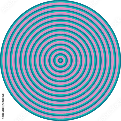 Visual effect created by shades of neon pink, lilac and jade green circles getting progressively smaller