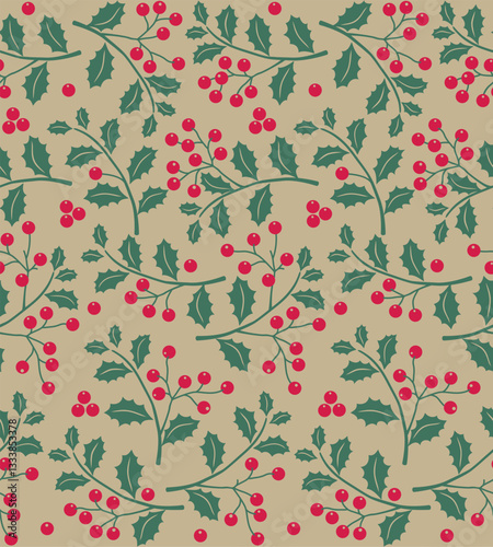Seamless Pattern of Christmas Holly leafs and Berries with Natural Background. Good for Christmas gift wrap and fabric. Traditional Christmas - Christmas Plaid Vector Design
