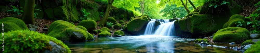 Fototapeta premium Water cascades down mossy rocks in a lush green forest, trees, green, nature