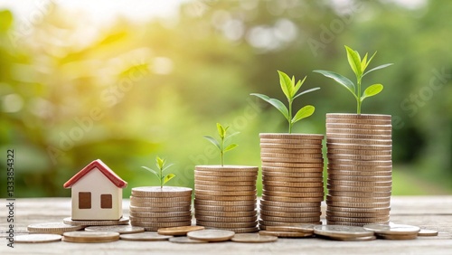 a photograph depicting stacks of coins arranged in increasing height with small plants growing from each stack, and a miniature house placed beside the smallest stack, symbolizing financial growth, in