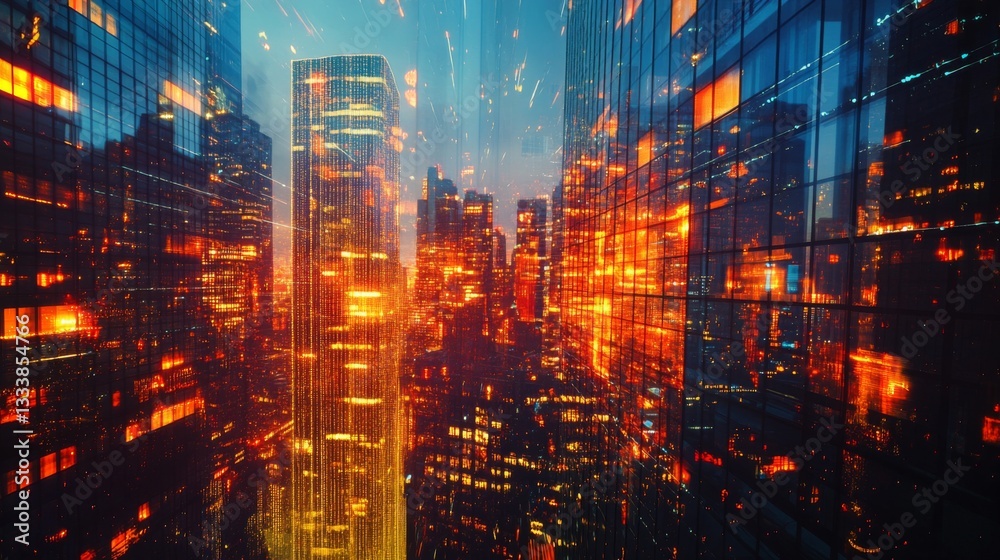 Fototapeta premium Night Cityscape Illuminating Modern Skyscrapers