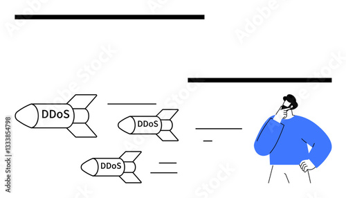 Missiles labeled DDoS move toward concerned individual in blue shirt, symbolizing cybersecurity threats. Ideal for IT security, technology, risk management, cyber defense, critical thinking, online