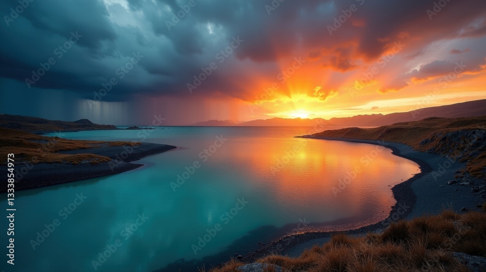 Obraz premium Stormy autumn lagoons at sunset, with dramatic clouds reflecting in the vast waters. The epic scenery captures the raw power of nature in this high-quality professional photo.