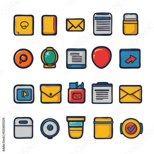 Colorful hand drawn communication and office icons set on white background
