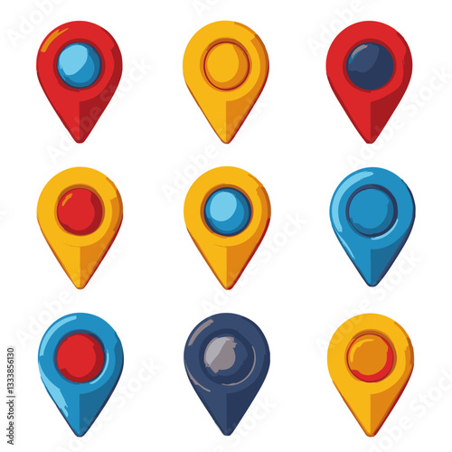 Colorful location markers in red, yellow, and blue with flat design style, arranged in grid pattern. These icons are ideal for maps and navigation applications