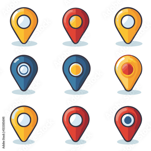 Colorful location markers various designs and colors, including red, blue, and yellow, are displayed grid pattern white background. These markers are commonly used maps and navigation applications