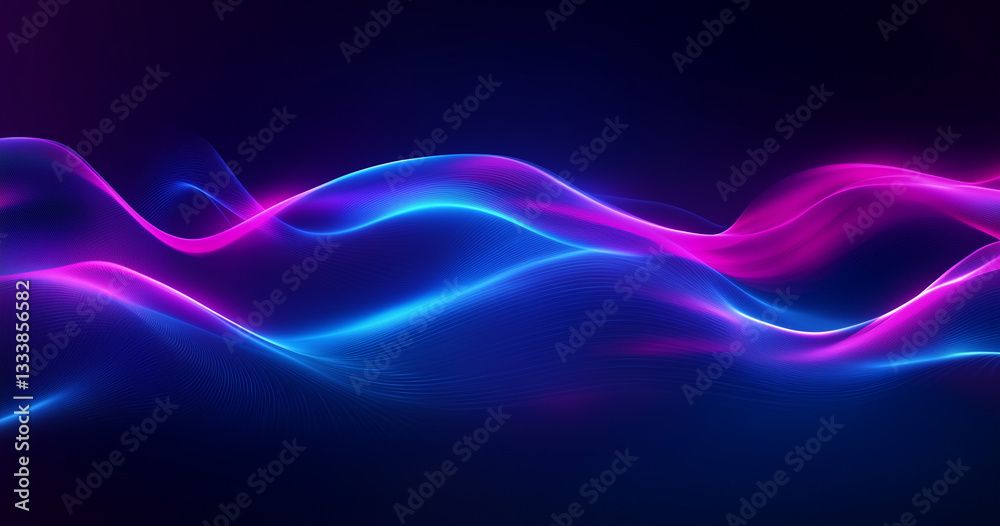 Fototapeta premium Dark blue abstract background with ultraviolet neon glow, blurry light lines, waves