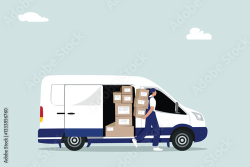 Delivery man with copy space lifting goods, hands full of cardboard boxes to customer. The courier sends the package to the ordered.