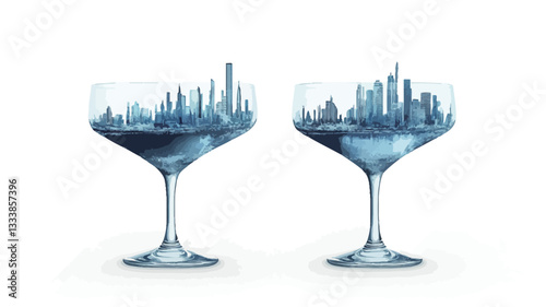 The image shows two champagne flutes, rendered in a highly detailed and realistic style.  Each flute contains a miniature, stylized cityscape reflected in the glass, rendered in shades of blue. The