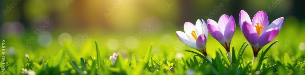 Fototapeta premium Crocus vernus blooms in a meadow of green grass, green, springtime, wildflowers