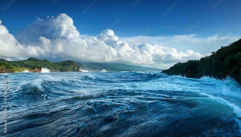 Fototapeta Serene Ocean Waves with Dramatic Clouds Above Scenic Coastline