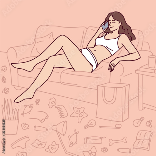 A young woman in underwear lies on a sofa, scrolling on her phone, ignoring the chaotic mess around her. Scattered things show procrastination and reluctance to clean.