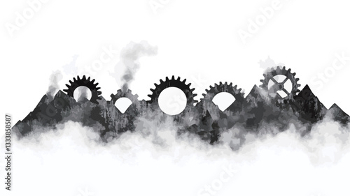 A monochrome digital illustration depicting a stylized landscape.  Several interlocking gears of varying sizes are positioned atop a series of mountain silhouettes partially obscured by smoky