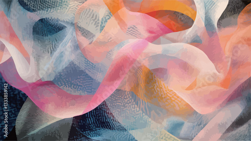 Close-up shot of an abstract image featuring swirling, translucent forms in a variety of pastel and vibrant colors including pinks, oranges, whites, and blues. The forms appear to be layered and