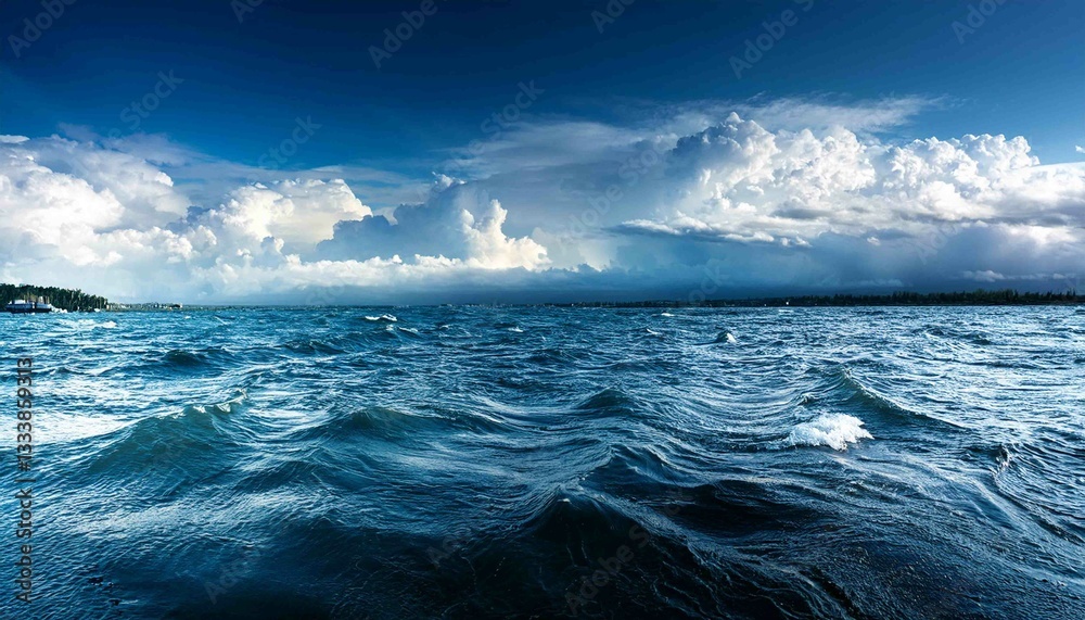 Fototapeta premium Serene Blue Ocean Waves Under Dramatic Cloudy Sky Landscape