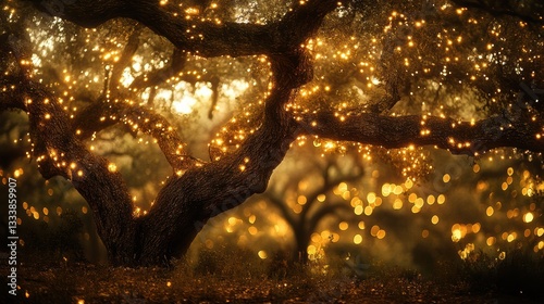 A symphony of blurred lights, like ethereal sparks scattered across the branches of ancient oak trees, creating a mystical and captivating backdrop. photo
