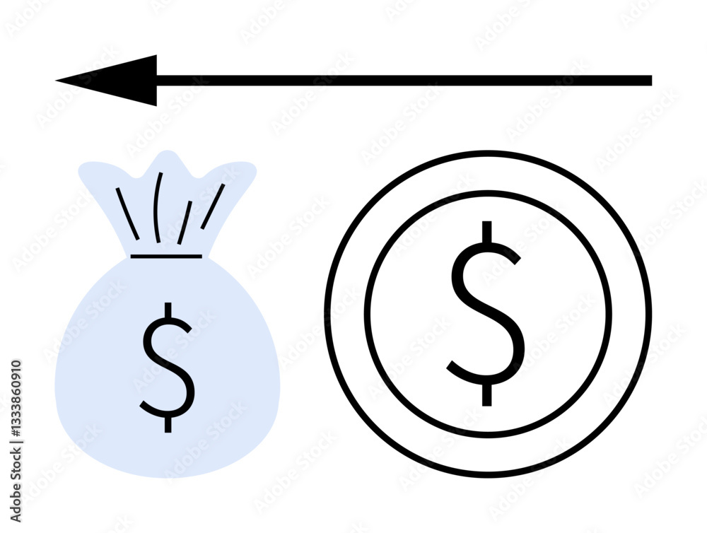 Money bag and coin with dollar signs next to horizontal arrow indicating movement. Ideal for finance, investment, banking, currency exchange, business, savings, and economics concepts. Simple flat Money bag and coin with dollar signs next to horizontal arrow indicating movement. Ideal for finance, investment, banking, currency exchange, business, savings, and economics concepts. Simple flat
