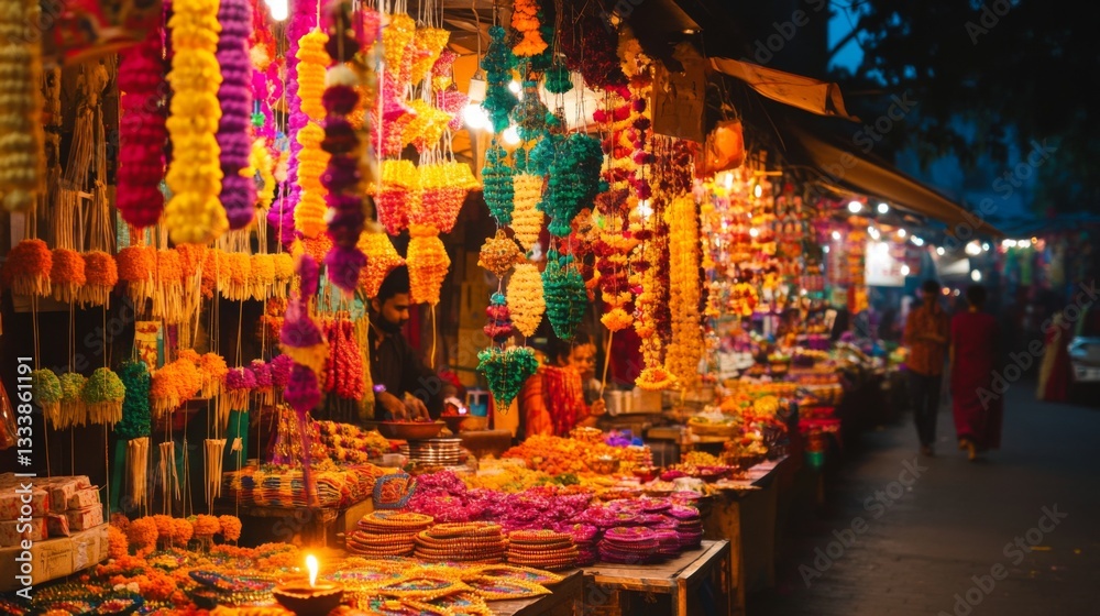 Fototapeta premium Vibrant Flower Garland Market Night Scene Displays