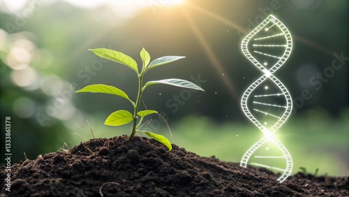 digital composite of young plant growing from soil with glowing DNA helix, symbolizing genetic engineering, biotechnology, and the fusion of nature and science