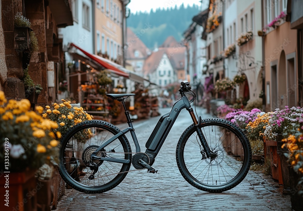 Fototapeta premium A black electric mountain bike is parked on the street of an old European town, surrounded by flowers and buildings with half-timbered architecture.