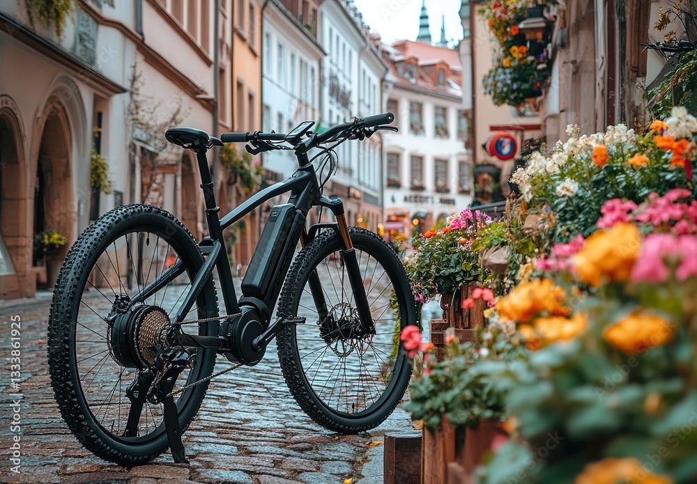 A black electric mountain bike is parked on the street of an old European town, surrounded by flowers and buildings with half-timbered architecture. A black electric mountain bike is parked on the street of an old European town, surrounded by flowers and buildings with half-timbered architecture.