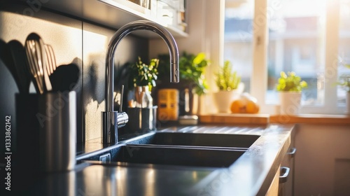 Kitchen sink area modern contemporary style decoration workplace close up pantry home interior design detail set of clean