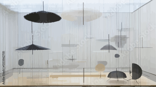 The image shows an indoor installation art piece.  Multiple dark and light-colored umbrella-like forms of varying sizes are suspended at different heights within a bright, minimalist,