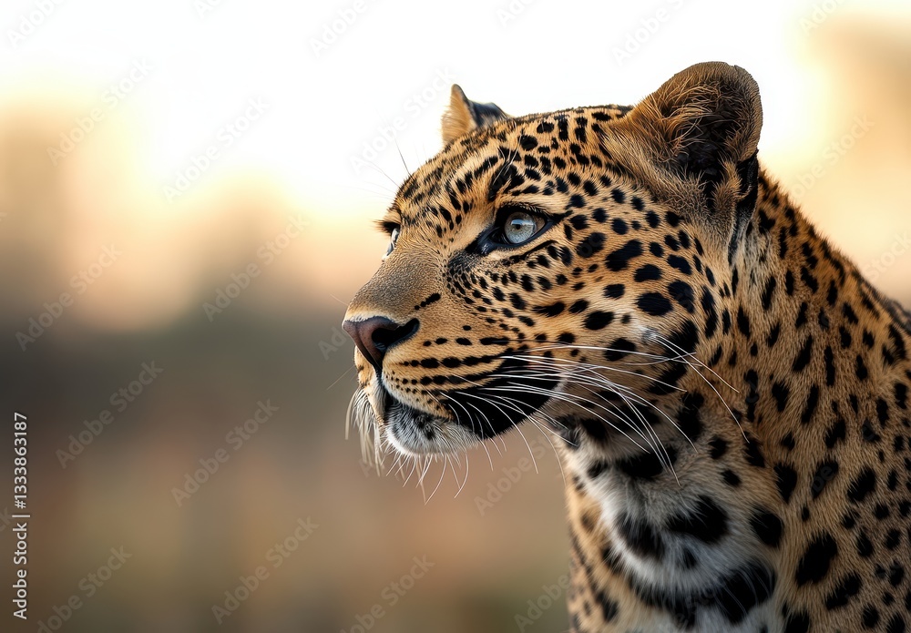 Obraz premium Majestic Leopard in Profile Showcasing Its Distinctive Spots Against a Soft Blurred Background in Golden Light of Dusk, Symbol of Wild Beauty and Power