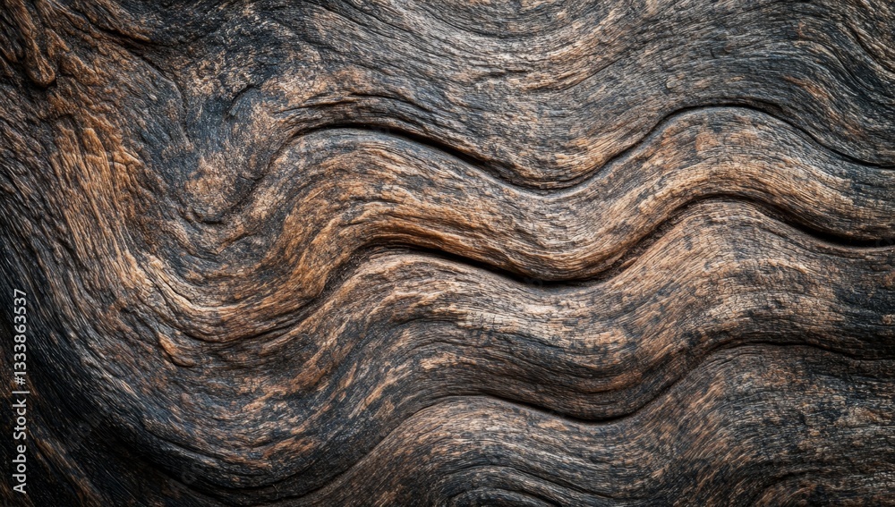 Detailed close-up view of a dark, weathered wooden surface with intricate swirling grain patterns Detailed close-up view of a dark, weathered wooden surface with intricate swirling grain patterns