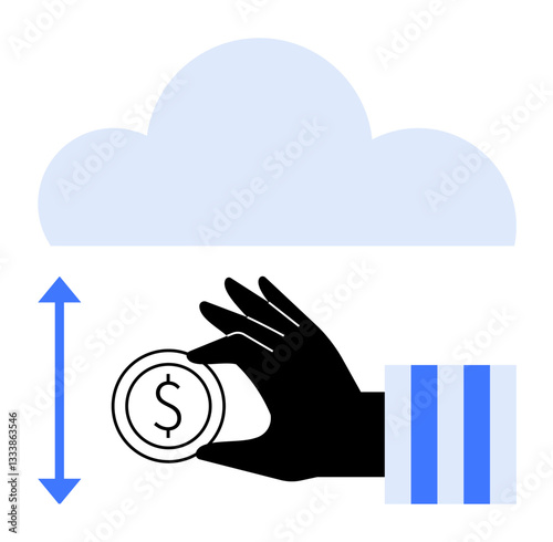 Black hand holds coin with dollar sign below cloud, blue vertical arrow shows upward or downward movement. Ideal for finance, saving, investment, digital banking, cloud services, data transfer