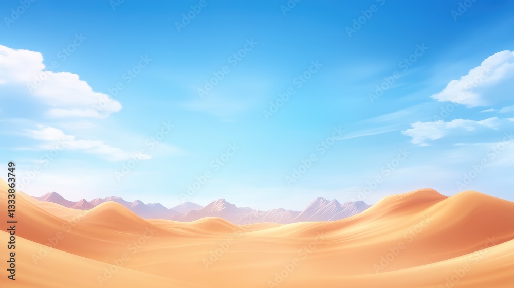 Naklejka premium A serene desert landscape featuring rolling sand dunes under a clear blue sky with fluffy clouds, evoking a sense of tranquility and vastness.
