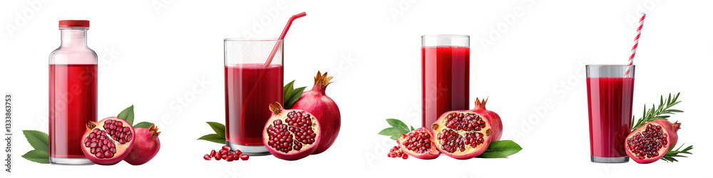 Freshly squeezed vibrant red pomegranate juice displayed in bottles and glasses surrounded by whole pomegranate fruits and leaves creating a healthy refreshing and natural composition Freshly squeezed vibrant red pomegranate juice displayed in bottles and glasses surrounded by whole pomegranate fruits and leaves creating a healthy refreshing and natural composition