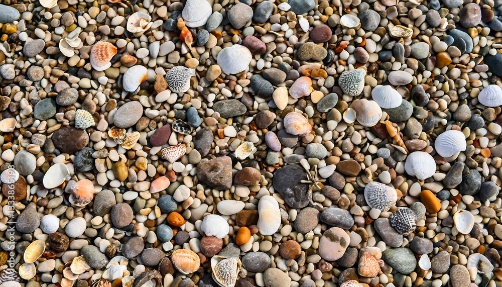 Colorful pebbles, sea stones and seashells on the beach bakcground texture, top view pattern Colorful pebbles, sea stones and seashells on the beach bakcground texture, top view pattern