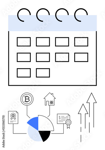 Calendar grid above financial icons thumbs up pie chart, Bitcoin, real estate, and certificate. Arrows symbolize growth and trends. Ideal for scheduling, investment, planning, finance strategy